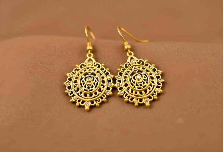 Opulent Golden Earrings Against Dark Brown Background